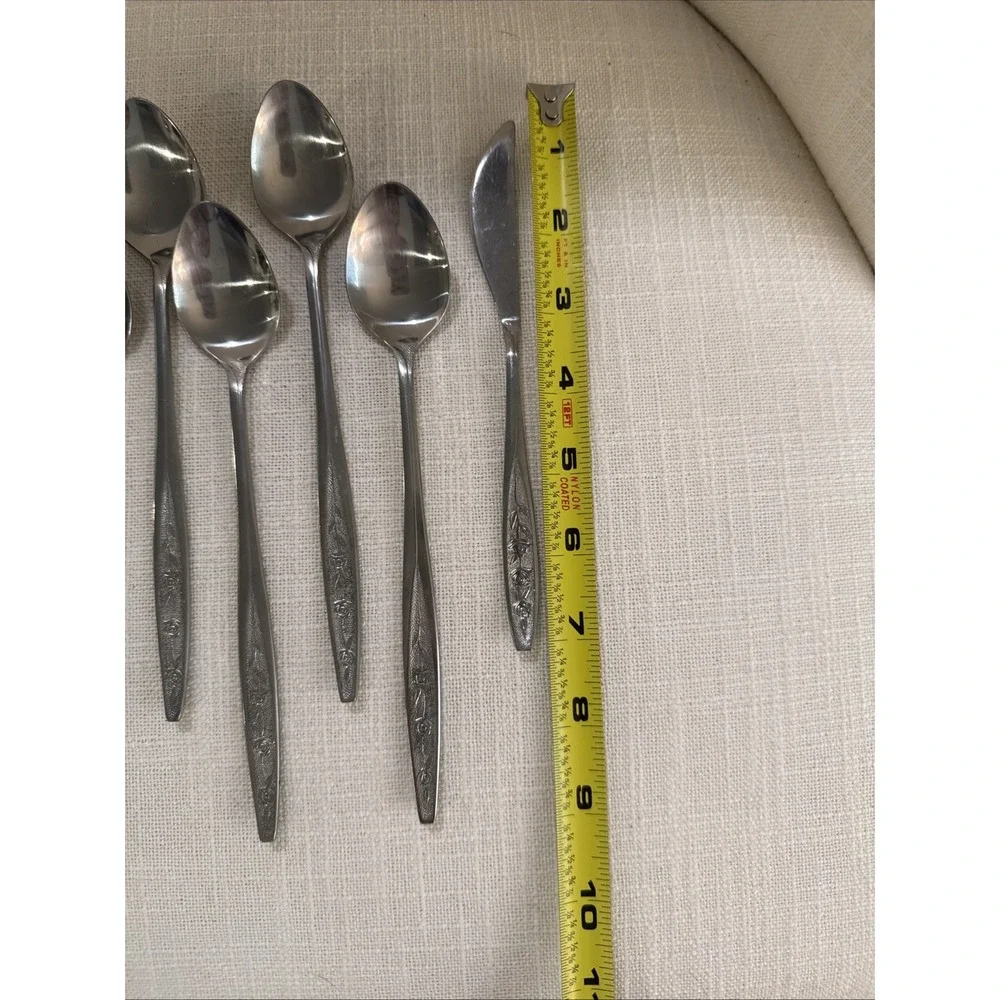 8 Iced Tea Spoons & Butter Knife Custom Craft CUS1 Rose Flower‎ Stainless Taiwan